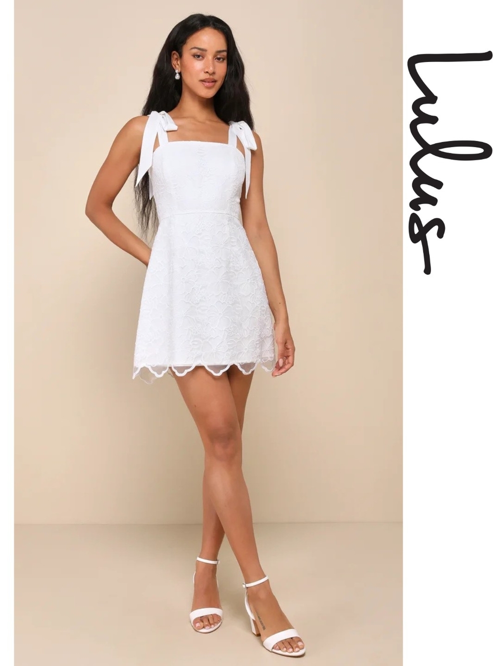 Lulu's - Lovable Aesthetic White Embroidered Tie-Strap Mini Dress - Small